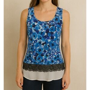 Blue Floral‎ Lace Layered Tank Top • Summer Festival Blouse • Womens Small